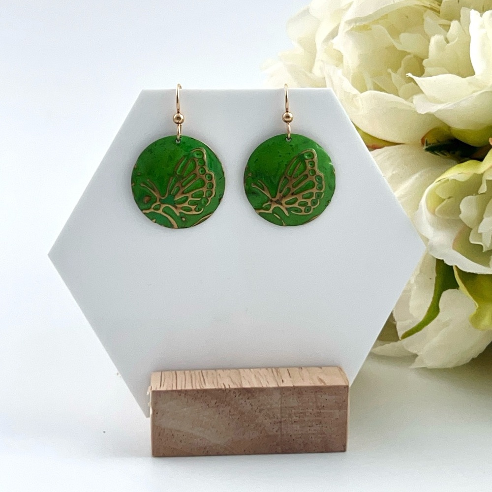 Green Butterfly Handpainted Dangle Earrings